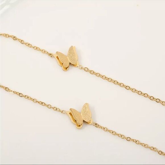 #46 Gold Butterfly Double Chain Bracelet Anklet - Picture 5 of 8